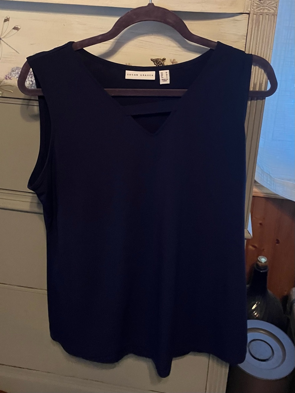 Susan Graver Navy Sleeveless V-Neck Tank with Front Keyhole